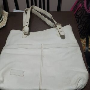 LANCASTER Pebble Bag. Large Elegant White Leather Zip Top Tote Bag.